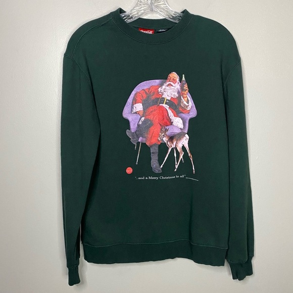 coca cola santa ugly Christmas sweater crewneck sweatshirt xs dark green retro - Picture 1 of 9
